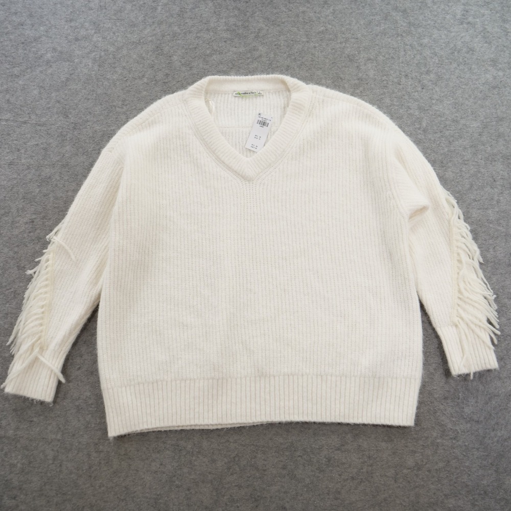Abercrombie Fitch Sweater Womens Large White V-Neck Fringe Sleeves Knit New